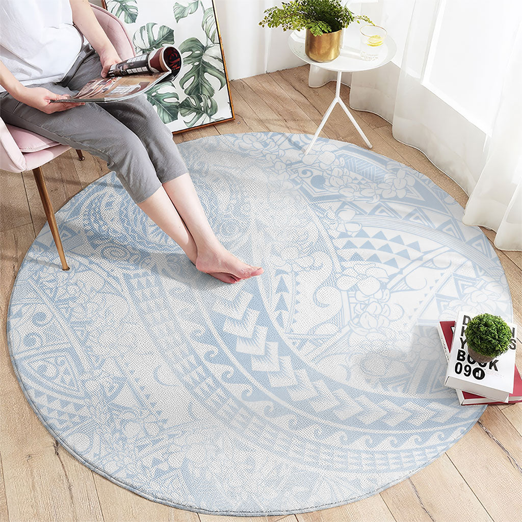 Hawaiian Turtles and Leis Round Carpet Tribal Kakau Pattern Airy White Blue Cloud Vibe