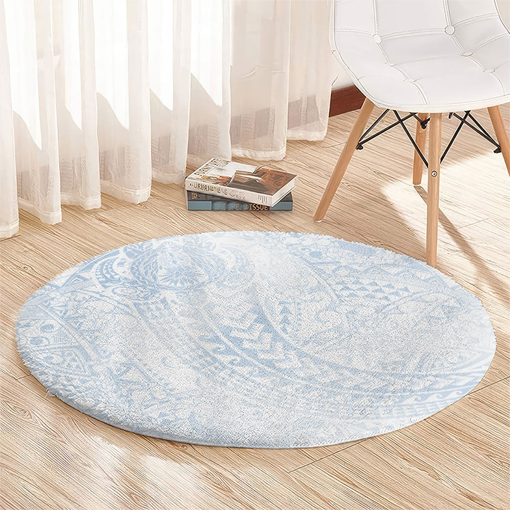 Hawaiian Turtles and Leis Round Carpet Tribal Kakau Pattern Airy White Blue Cloud Vibe