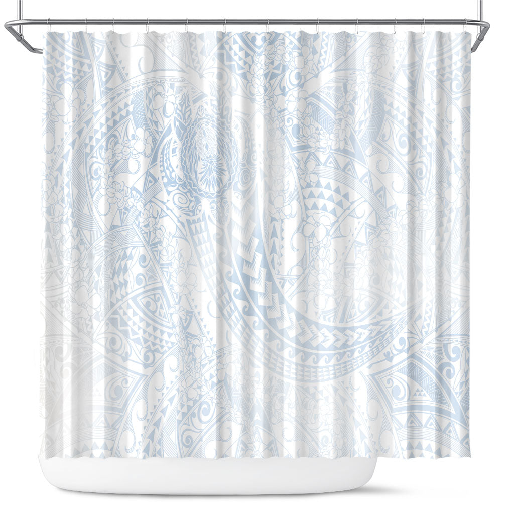 Hawaiian Turtles and Leis Shower Curtain Tribal Kakau Pattern Airy White Blue Cloud Vibe