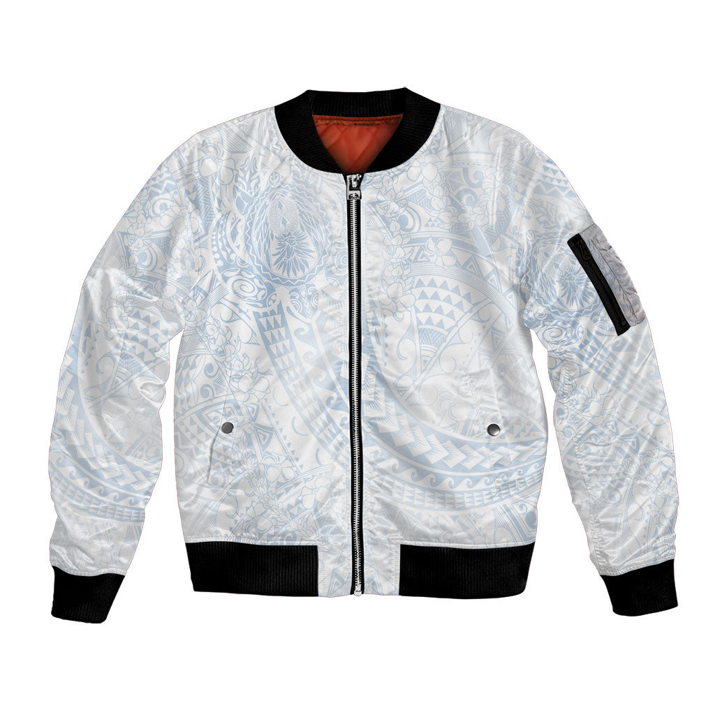 Hawaiian Turtles and Leis Sleeve Zip Bomber Jacket Tribal Kakau Pattern Airy White Blue Cloud Vibe