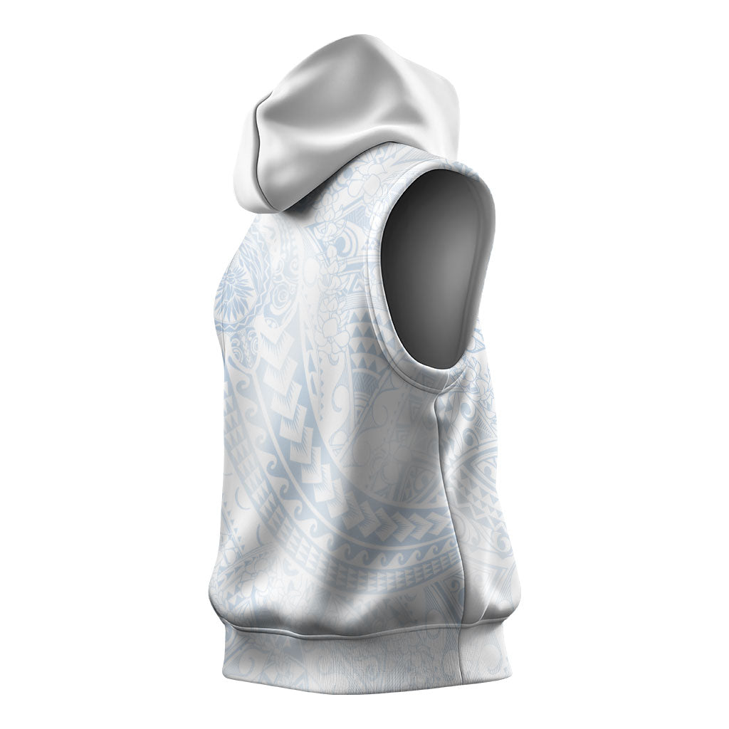 Hawaiian Turtles and Leis Sleeveless Hoodie Tribal Kakau Pattern Airy White Blue Cloud Vibe