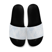 Hawaiian Turtles and Leis Slide Sandals Tribal Kakau Pattern Airy White Blue Cloud Vibe