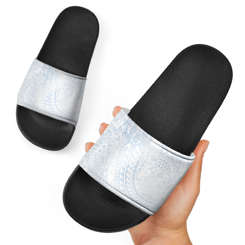 Hawaiian Turtles and Leis Slide Sandals Tribal Kakau Pattern Airy White Blue Cloud Vibe