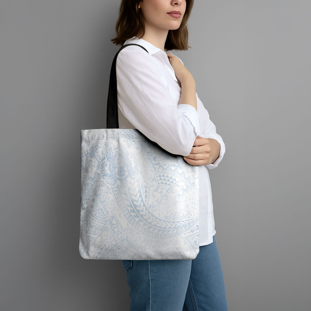 Hawaiian Turtles and Leis Tote Bag Tribal Kakau Pattern Airy White Blue Cloud Vibe