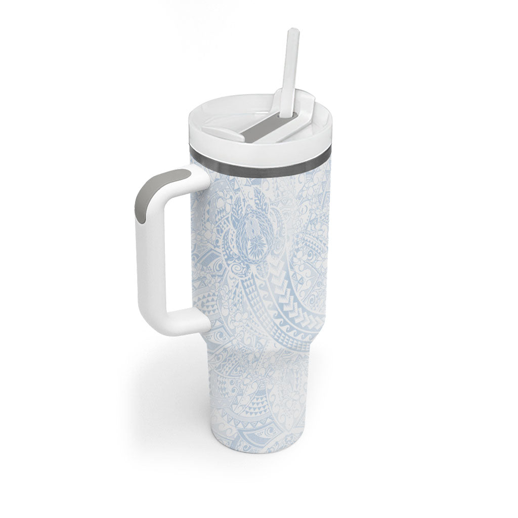 Hawaiian Turtles and Leis Tumbler With Handle Tribal Kakau Pattern Airy White Blue Cloud Vibe