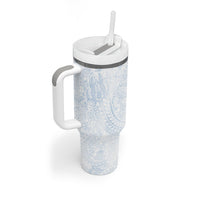 Hawaiian Turtles and Leis Tumbler With Handle Tribal Kakau Pattern Airy White Blue Cloud Vibe