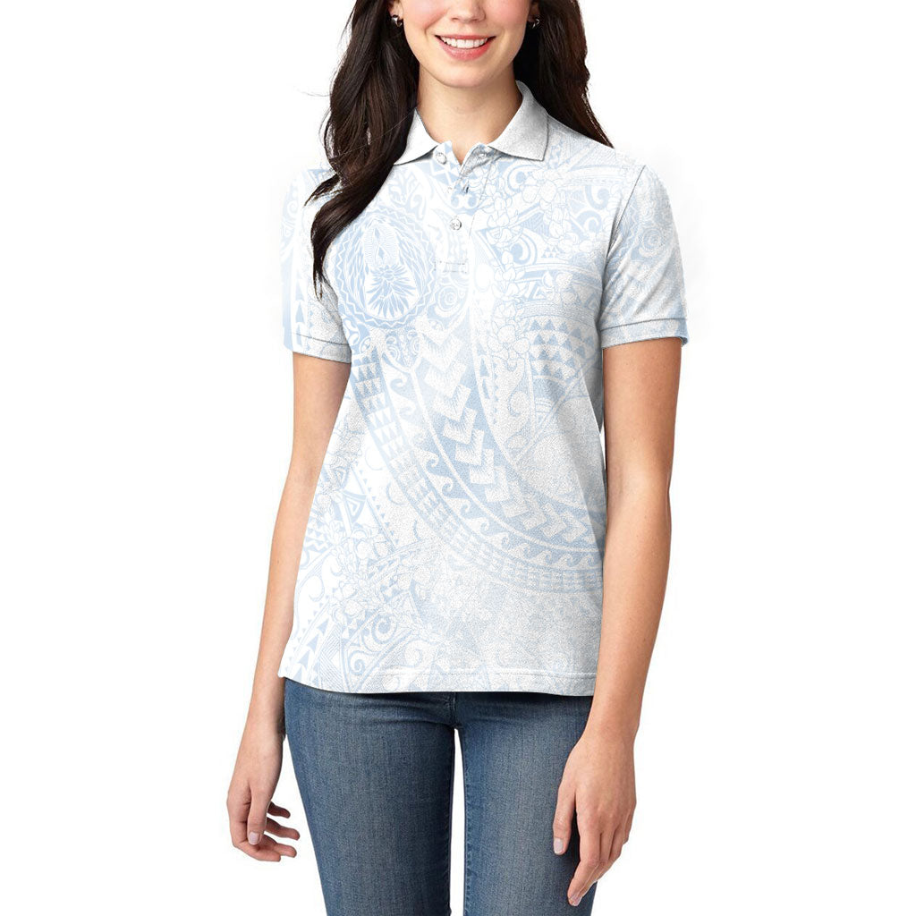 Hawaiian Turtles and Leis Women Polo Shirt Tribal Kakau Pattern Airy White Blue Cloud Vibe