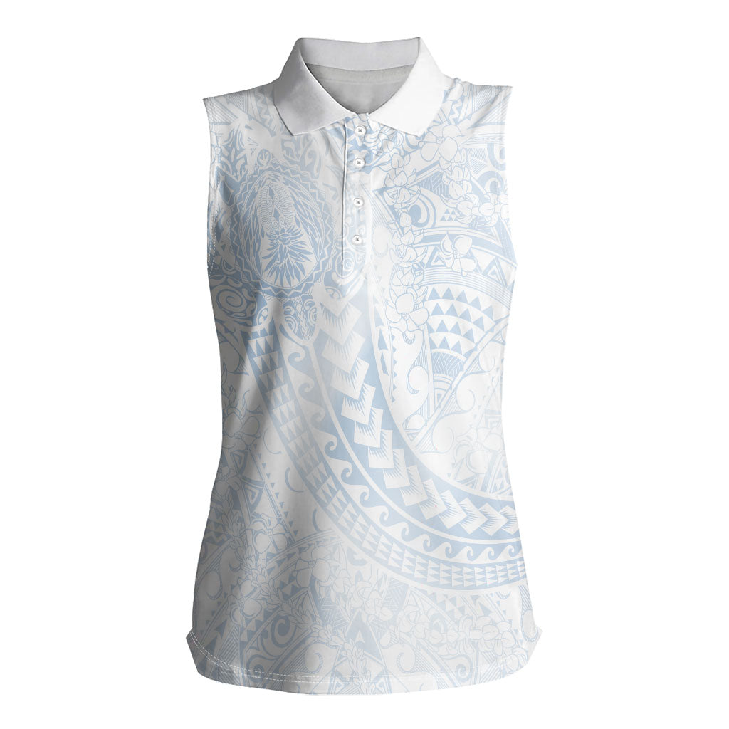 Hawaiian Turtles and Leis Women Sleeveless Polo Shirt Tribal Kakau Pattern Airy White Blue Cloud Vibe