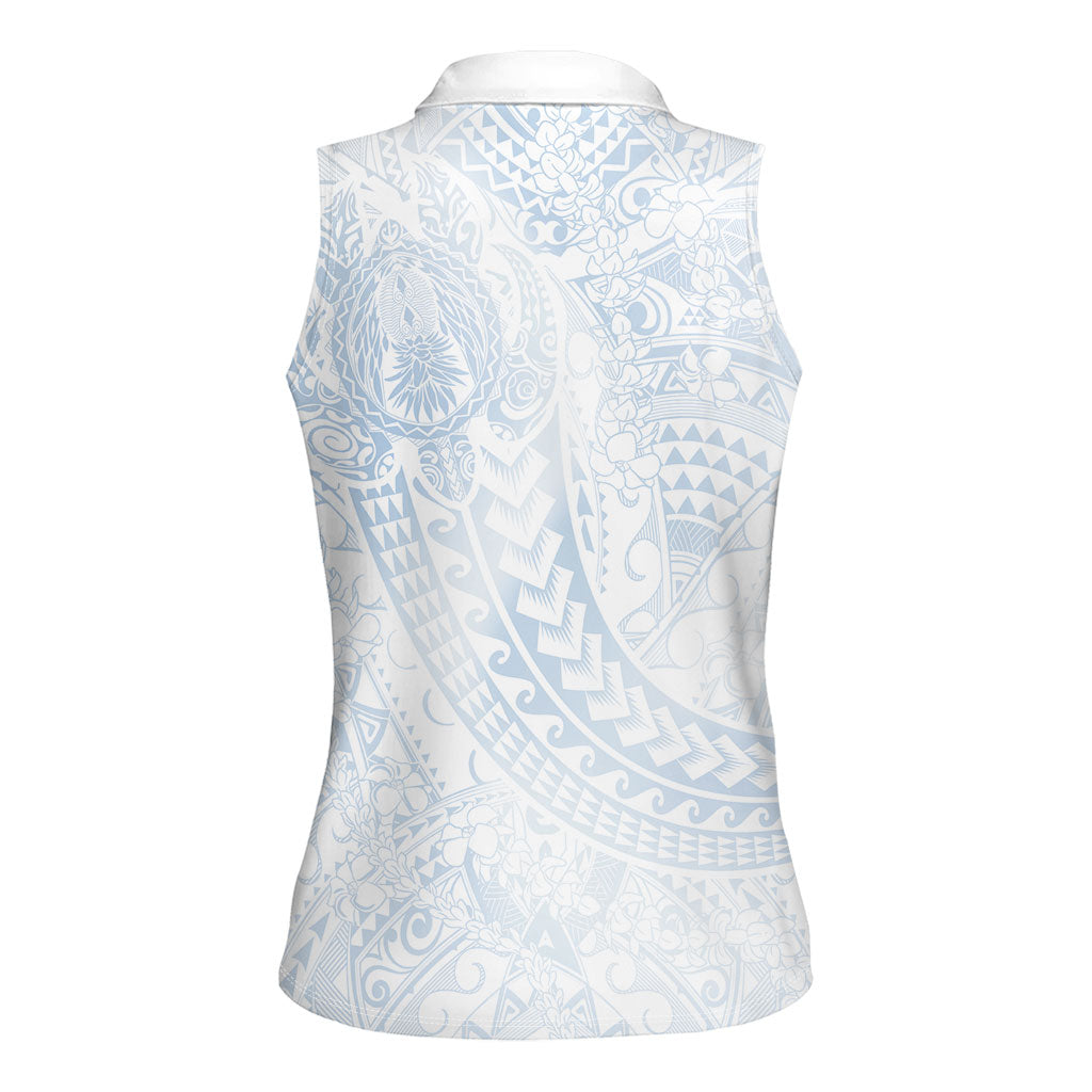 Hawaiian Turtles and Leis Women Sleeveless Polo Shirt Tribal Kakau Pattern Airy White Blue Cloud Vibe