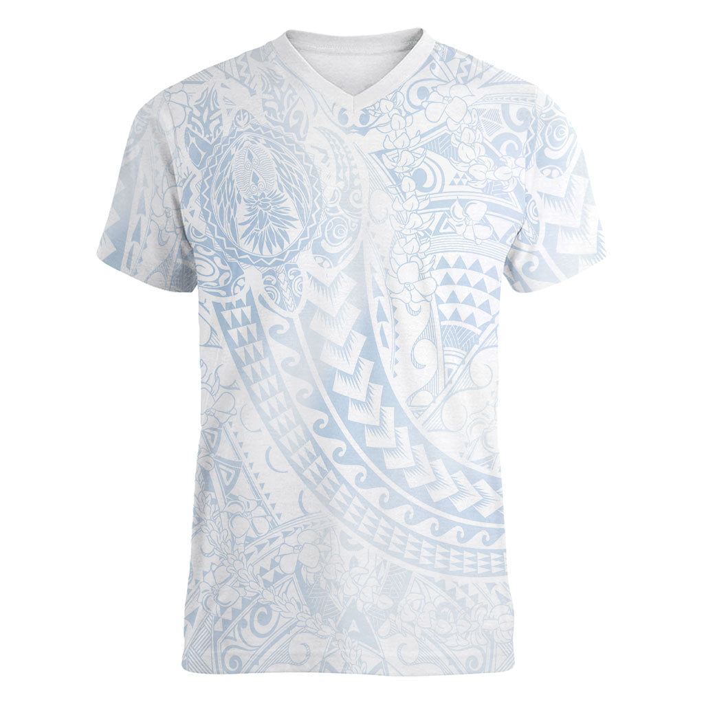 Hawaiian Turtles and Leis Women V-Neck T-Shirt Tribal Kakau Pattern Airy White Blue Cloud Vibe