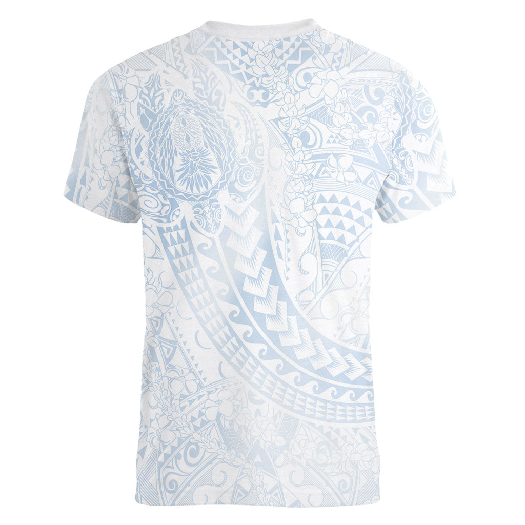 Hawaiian Turtles and Leis Women V-Neck T-Shirt Tribal Kakau Pattern Airy White Blue Cloud Vibe