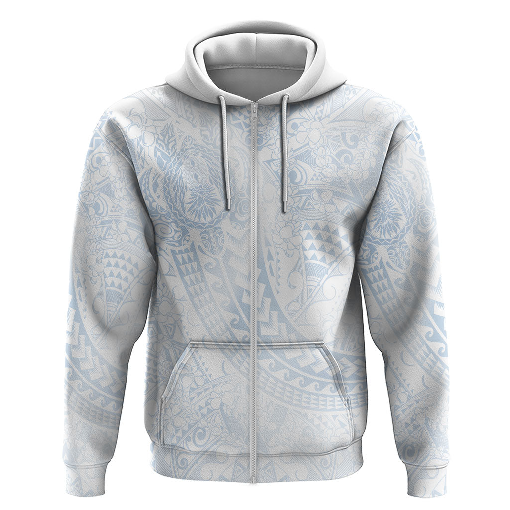 Hawaiian Turtles and Leis Zip Hoodie Tribal Kakau Pattern Airy White Blue Cloud Vibe