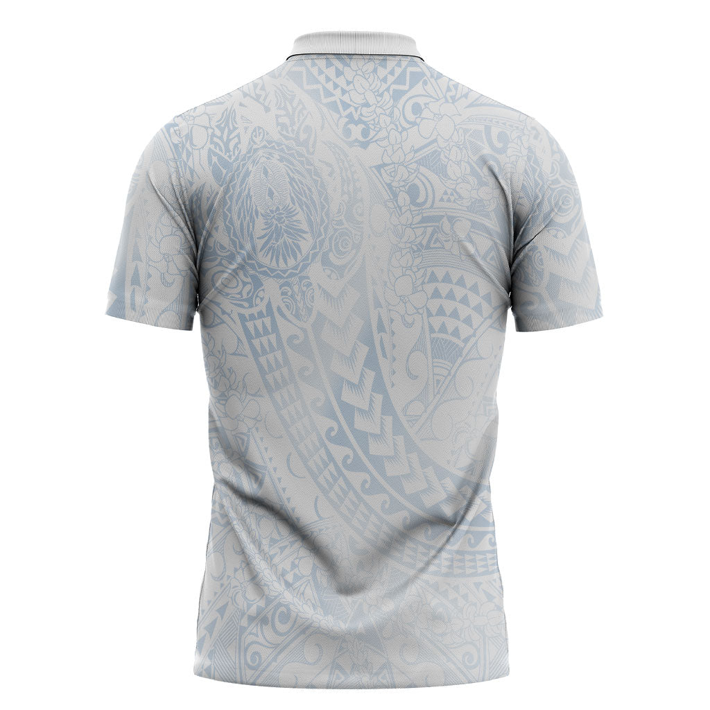 Hawaiian Turtles and Leis Zipper Polo Shirt Tribal Kakau Pattern Airy White Blue Cloud Vibe