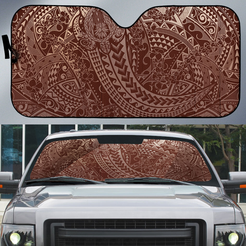 Hawaiian Turtles and Leis Auto Sun Shade Tribal Kakau Pattern Mocha Mousse Color LT03 Mocha Mousse - Polynesian Pride