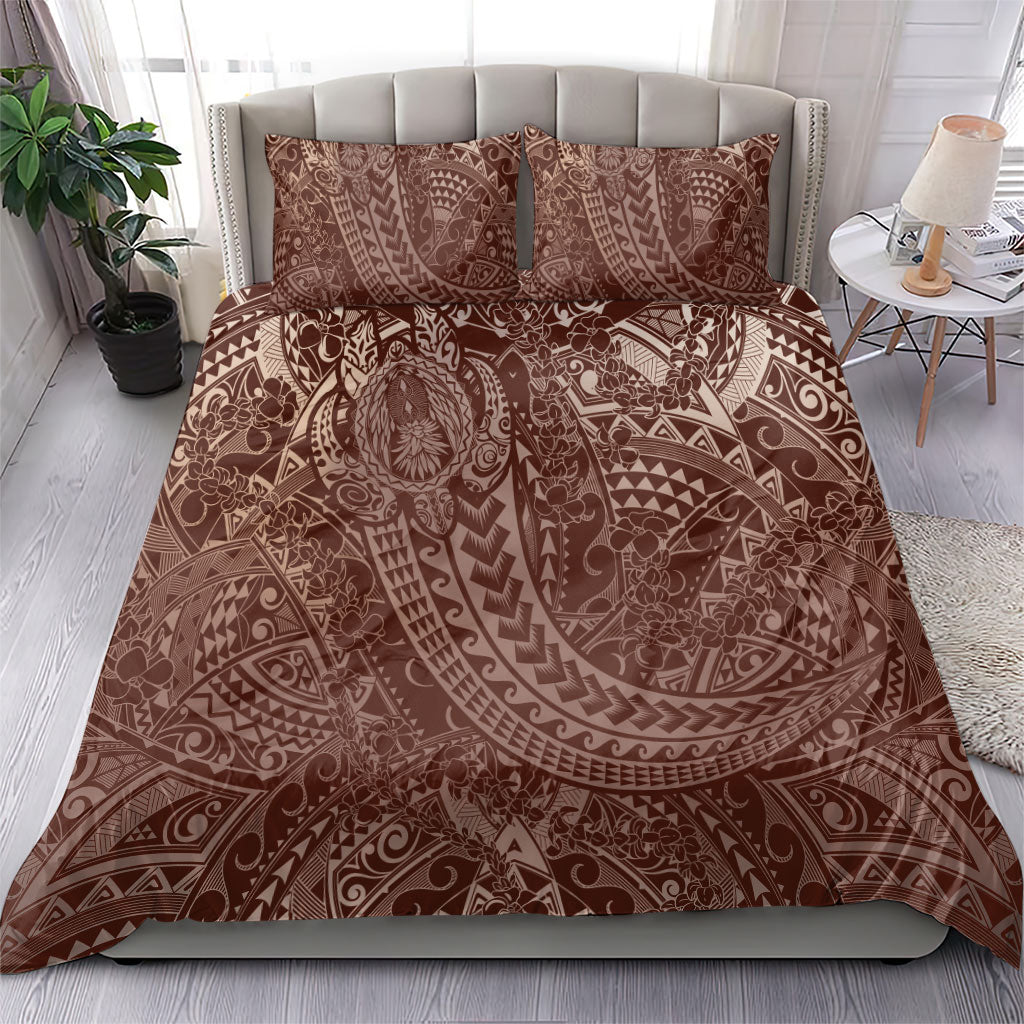 Hawaiian Turtles and Leis Bedding Set Tribal Kakau Pattern Mocha Mousse Color