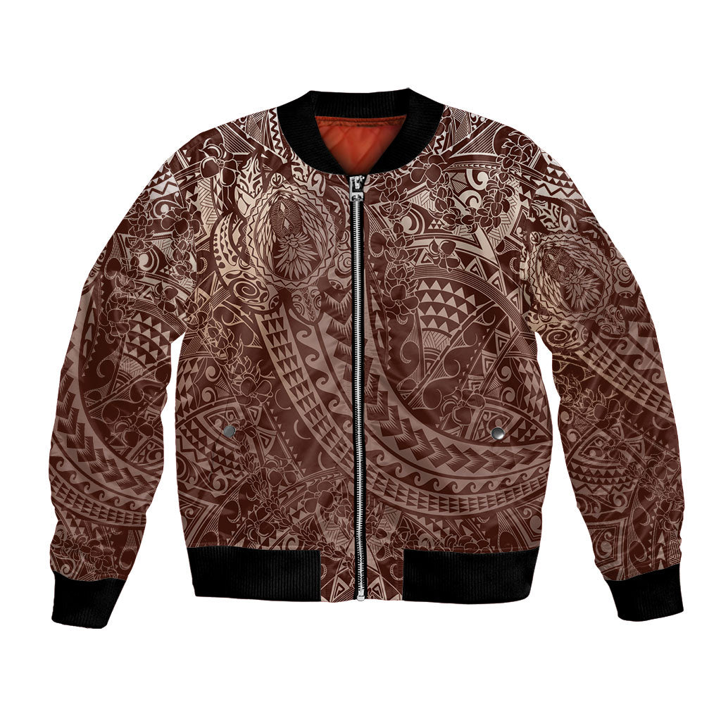 Hawaiian Turtles and Leis Bomber Jacket Tribal Kakau Pattern Mocha Mousse Color LT03 Unisex Mocha Mousse - Polynesian Pride