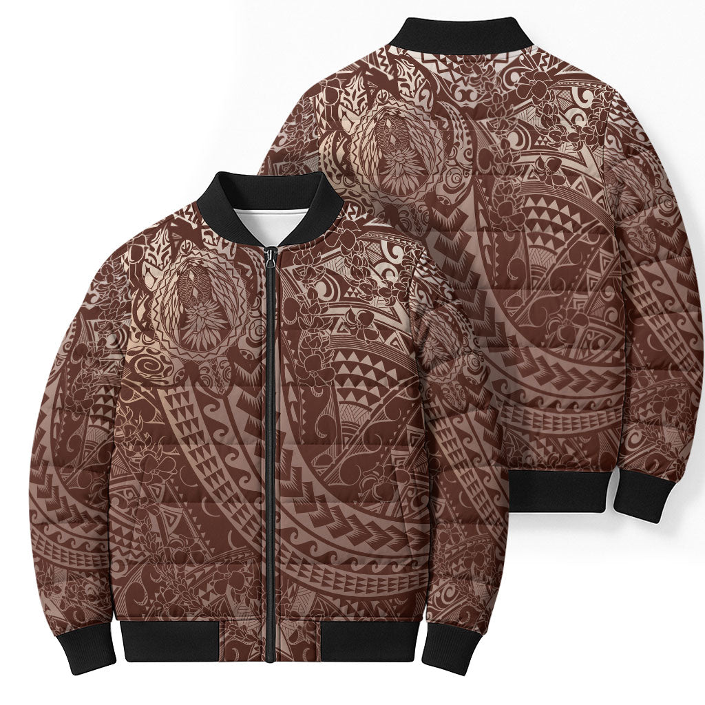 Hawaiian Turtles and Leis Bomber Puffer Jacket Tribal Kakau Pattern Mocha Mousse Color