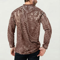 Hawaiian Turtles and Leis Button Sweatshirt Tribal Kakau Pattern Mocha Mousse Color