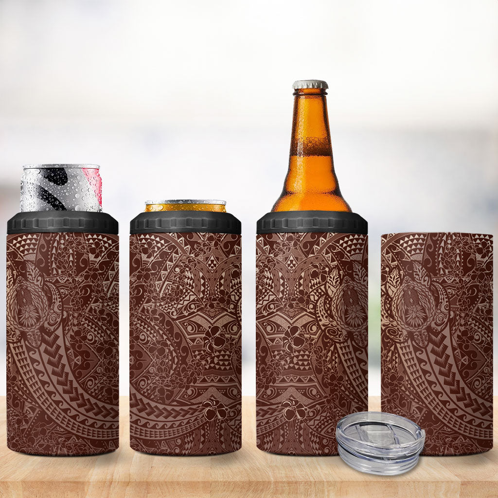 Hawaiian Turtles and Leis 4 in 1 Can Cooler Tumbler Tribal Kakau Pattern Mocha Mousse Color