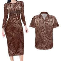 Hawaiian Turtles and Leis Couples Matching Long Sleeve Bodycon Dress and Hawaiian Shirt Tribal Kakau Pattern Mocha Mousse Color