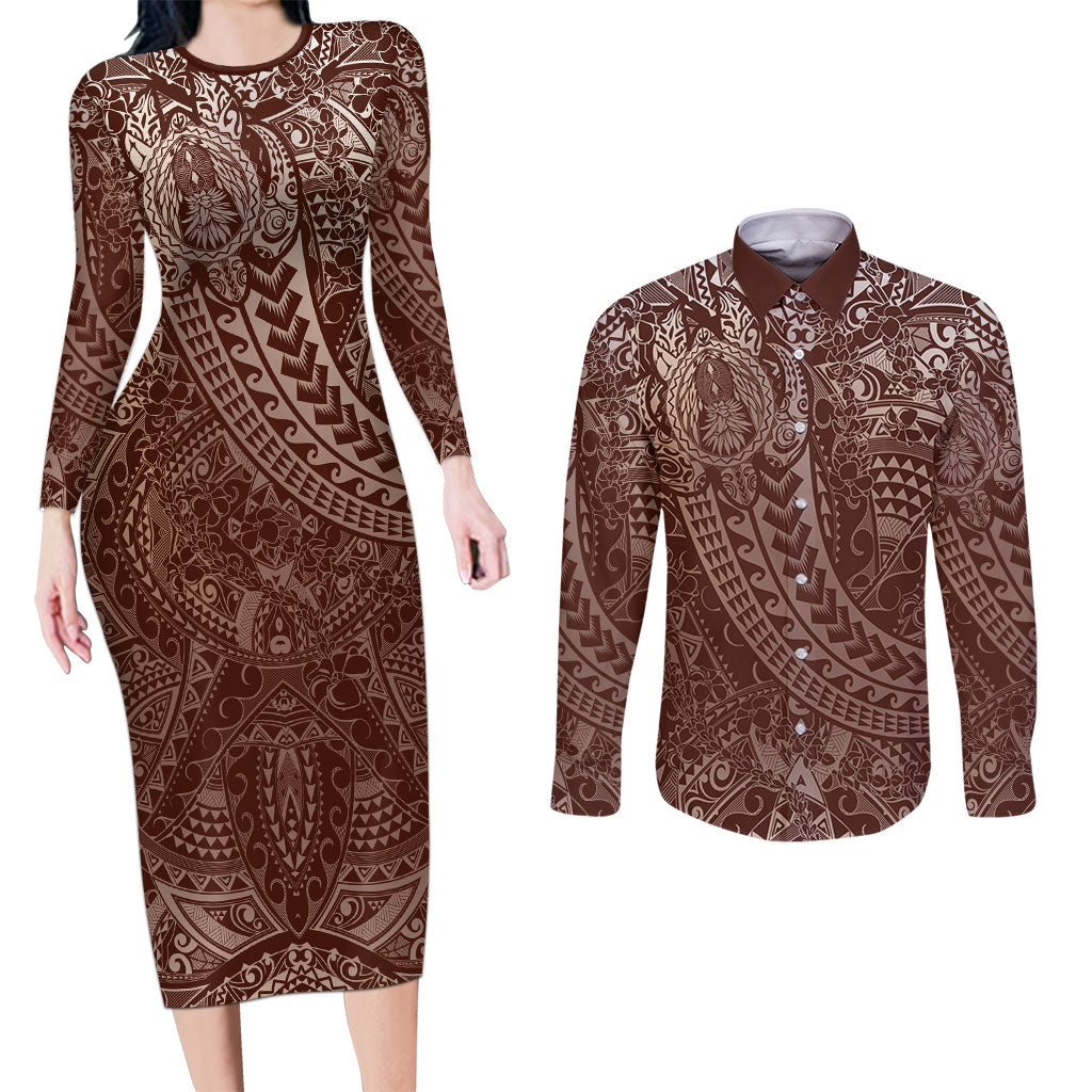 Hawaiian Turtles and Leis Couples Matching Long Sleeve Bodycon Dress and Long Sleeve Button Shirt Tribal Kakau Pattern Mocha Mousse Color