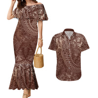 Hawaiian Turtles and Leis Couples Matching Mermaid Dress and Hawaiian Shirt Tribal Kakau Pattern Mocha Mousse Color