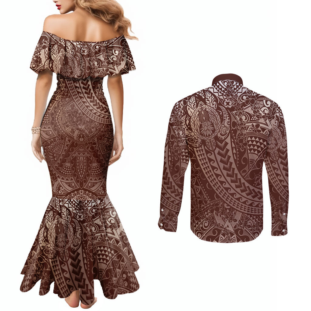 Hawaiian Turtles and Leis Couples Matching Mermaid Dress and Long Sleeve Button Shirt Tribal Kakau Pattern Mocha Mousse Color