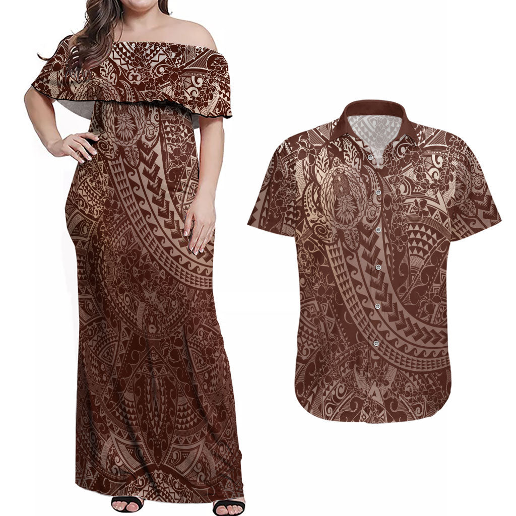 Hawaiian Turtles and Leis Couples Matching Off Shoulder Maxi Dress and Hawaiian Shirt Tribal Kakau Pattern Mocha Mousse Color