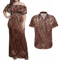 Hawaiian Turtles and Leis Couples Matching Off Shoulder Maxi Dress and Hawaiian Shirt Tribal Kakau Pattern Mocha Mousse Color
