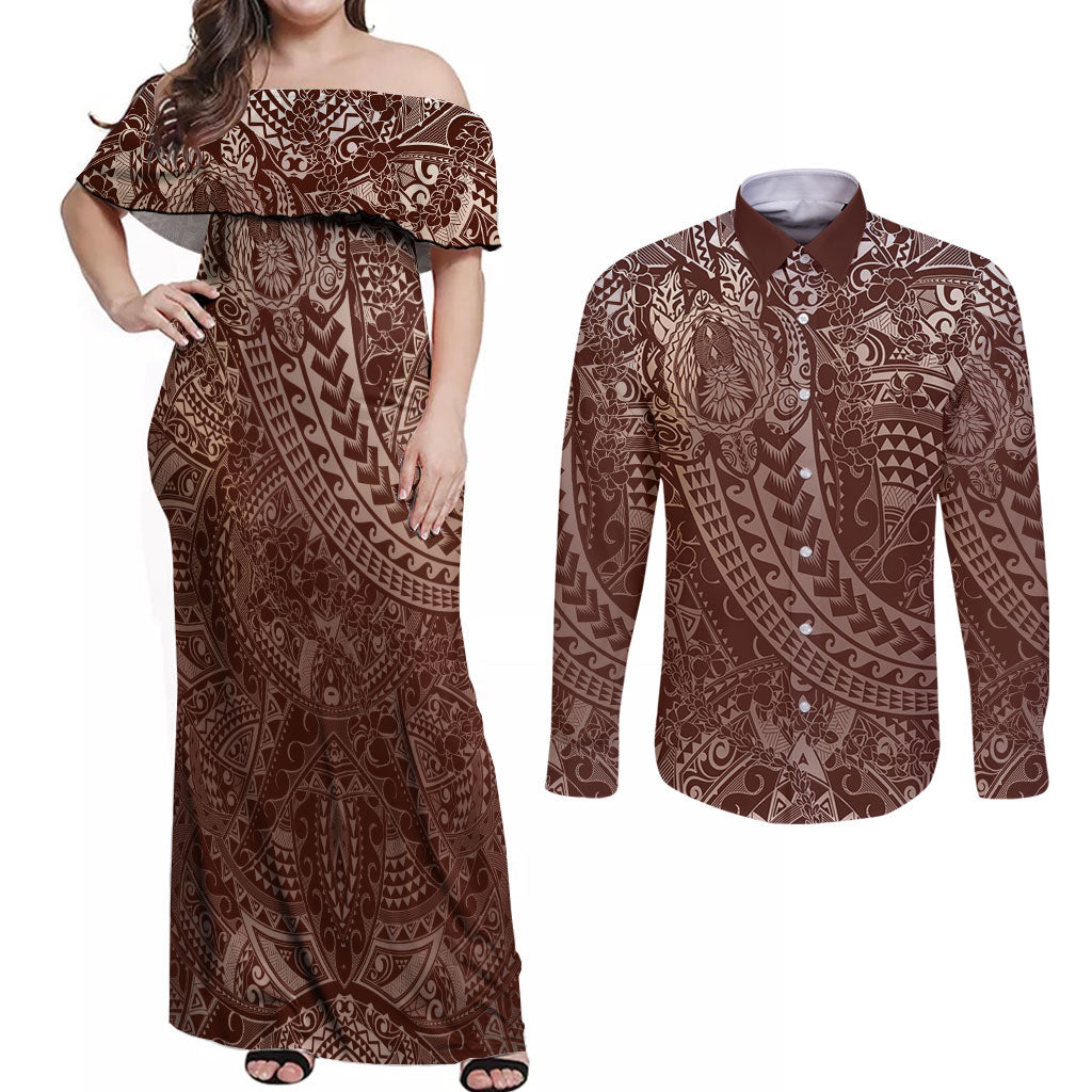 Hawaiian Turtles and Leis Couples Matching Off Shoulder Maxi Dress and Long Sleeve Button Shirt Tribal Kakau Pattern Mocha Mousse Color