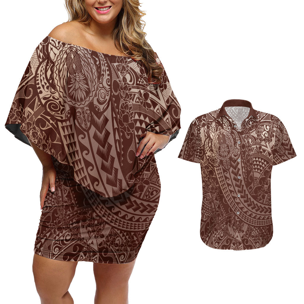 Hawaiian Turtles and Leis Couples Matching Off Shoulder Short Dress and Hawaiian Shirt Tribal Kakau Pattern Mocha Mousse Color