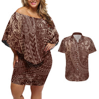 Hawaiian Turtles and Leis Couples Matching Off Shoulder Short Dress and Hawaiian Shirt Tribal Kakau Pattern Mocha Mousse Color