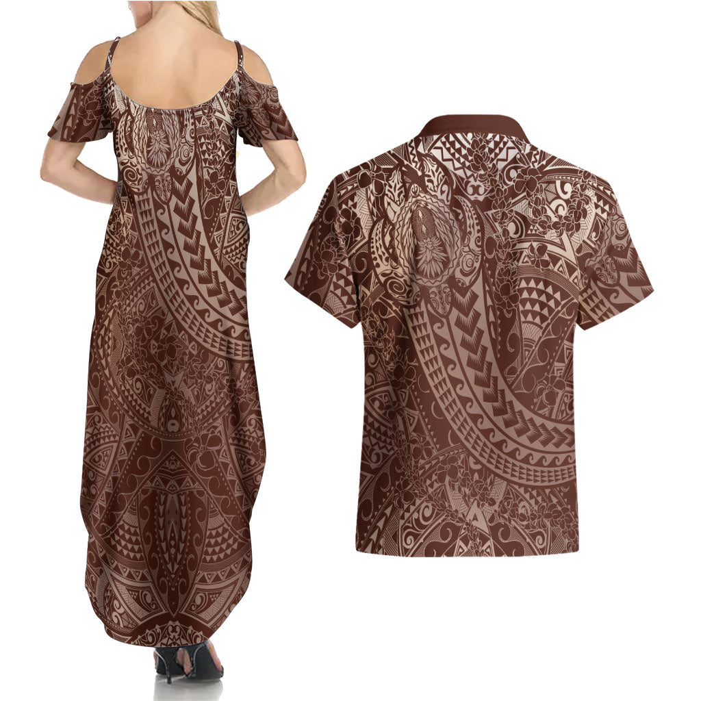 Hawaiian Turtles and Leis Couples Matching Summer Maxi Dress and Hawaiian Shirt Tribal Kakau Pattern Mocha Mousse Color