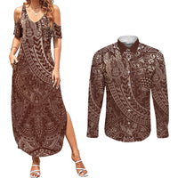 Hawaiian Turtles and Leis Couples Matching Summer Maxi Dress and Long Sleeve Button Shirt Tribal Kakau Pattern Mocha Mousse Color