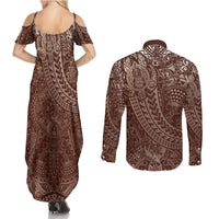Hawaiian Turtles and Leis Couples Matching Summer Maxi Dress and Long Sleeve Button Shirt Tribal Kakau Pattern Mocha Mousse Color