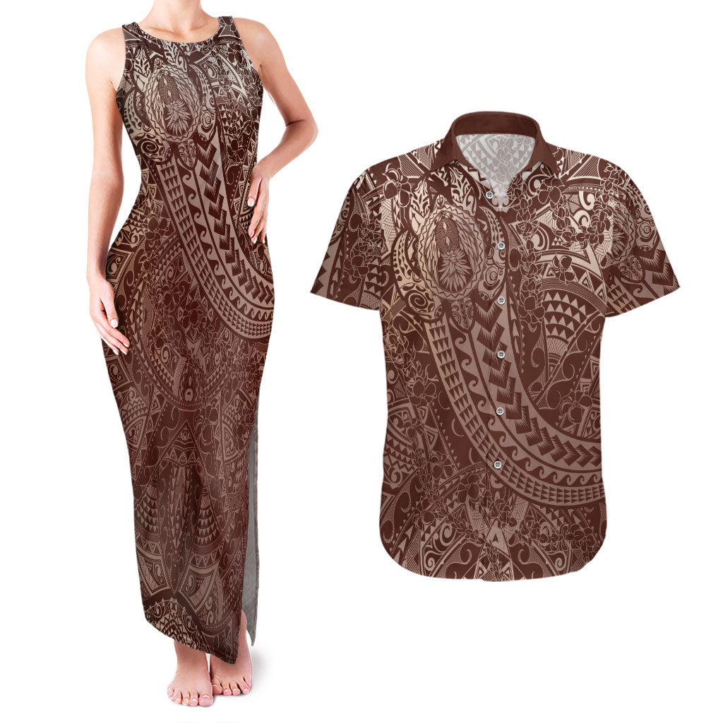 Hawaiian Turtles and Leis Couples Matching Tank Maxi Dress and Hawaiian Shirt Tribal Kakau Pattern Mocha Mousse Color