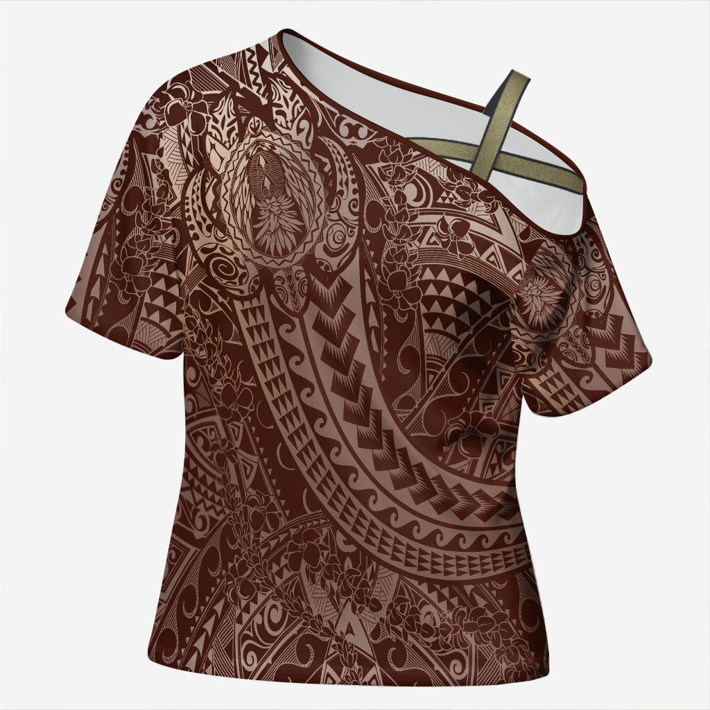 Hawaiian Turtles and Leis Cross Shoulder Shirt Tribal Kakau Pattern Mocha Mousse Color
