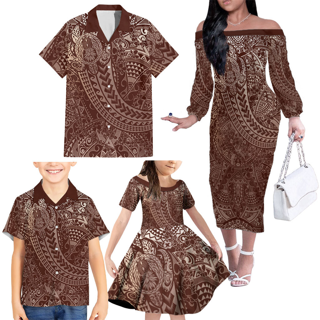 Hawaiian Turtles and Leis Family Matching Off The Shoulder Long Sleeve Dress and Hawaiian Shirt Tribal Kakau Pattern Mocha Mousse Color LT03 - Polynesian Pride