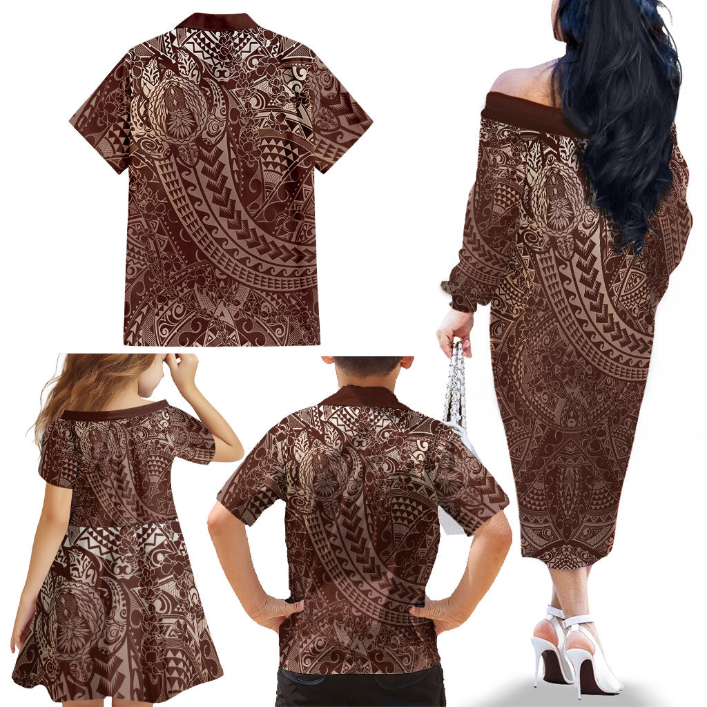 Hawaiian Turtles and Leis Family Matching Off The Shoulder Long Sleeve Dress and Hawaiian Shirt Tribal Kakau Pattern Mocha Mousse Color