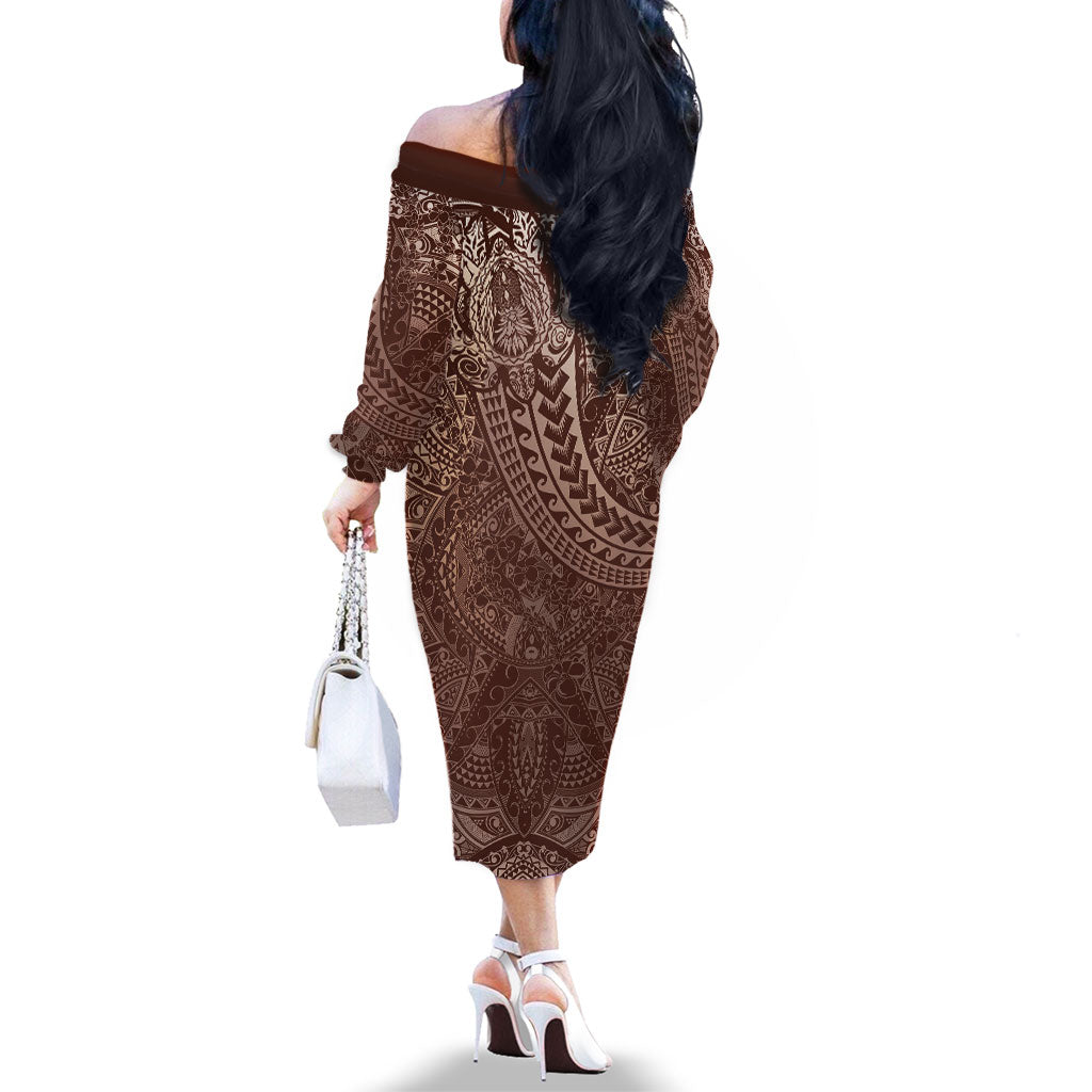 Hawaiian Turtles and Leis Family Matching Off The Shoulder Long Sleeve Dress and Hawaiian Shirt Tribal Kakau Pattern Mocha Mousse Color