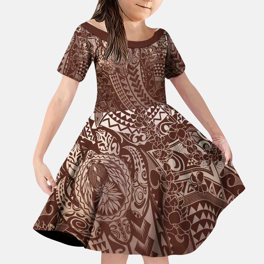 Hawaiian Turtles and Leis Family Matching Off Shoulder Maxi Dress and Hawaiian Shirt Tribal Kakau Pattern Mocha Mousse Color