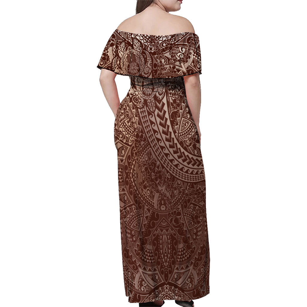 Hawaiian Turtles and Leis Family Matching Off Shoulder Maxi Dress and Hawaiian Shirt Tribal Kakau Pattern Mocha Mousse Color