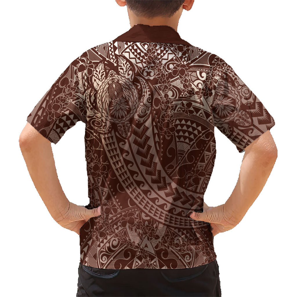 Hawaiian Turtles and Leis Family Matching Off Shoulder Short Dress and Hawaiian Shirt Tribal Kakau Pattern Mocha Mousse Color