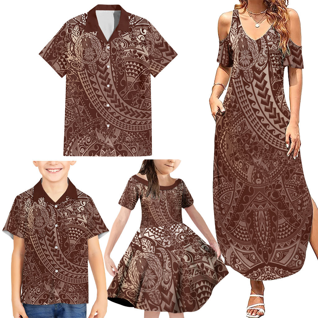 Hawaiian Turtles and Leis Family Matching Summer Maxi Dress and Hawaiian Shirt Tribal Kakau Pattern Mocha Mousse Color