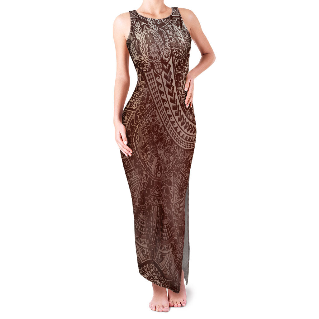 Hawaiian Turtles and Leis Family Matching Tank Maxi Dress and Hawaiian Shirt Tribal Kakau Pattern Mocha Mousse Color