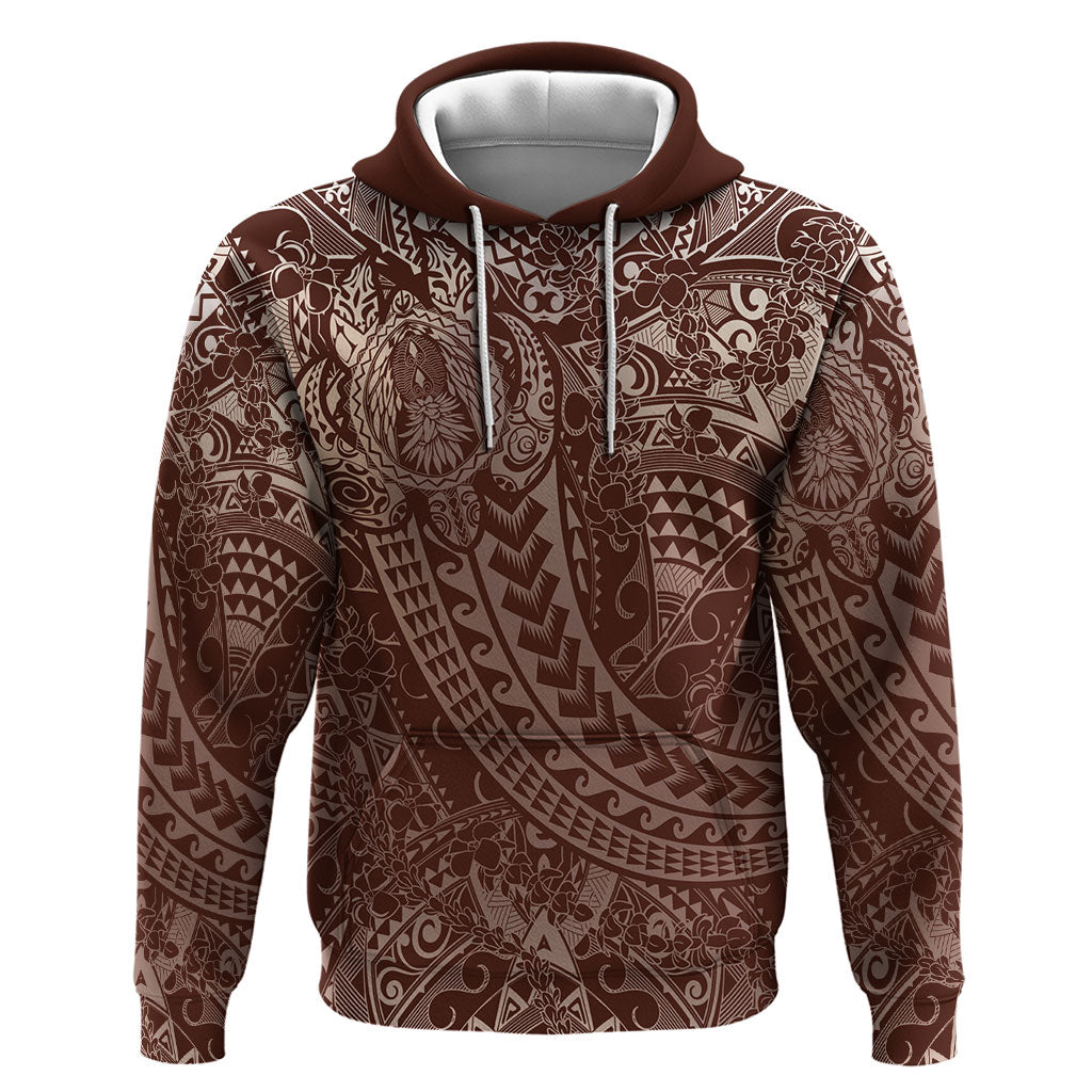 Hawaiian Turtles and Leis Hoodie Tribal Kakau Pattern Mocha Mousse Color