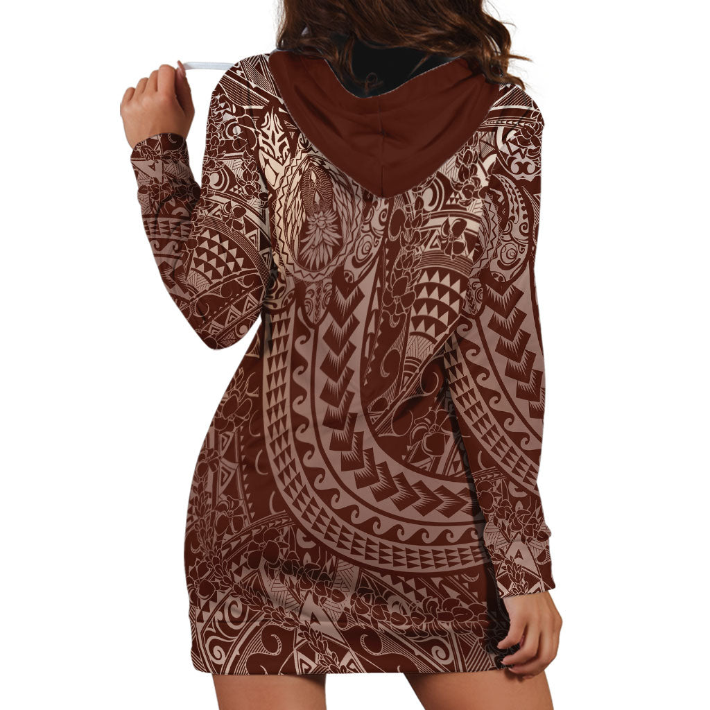 Hawaiian Turtles and Leis Hoodie Dress Tribal Kakau Pattern Mocha Mousse Color