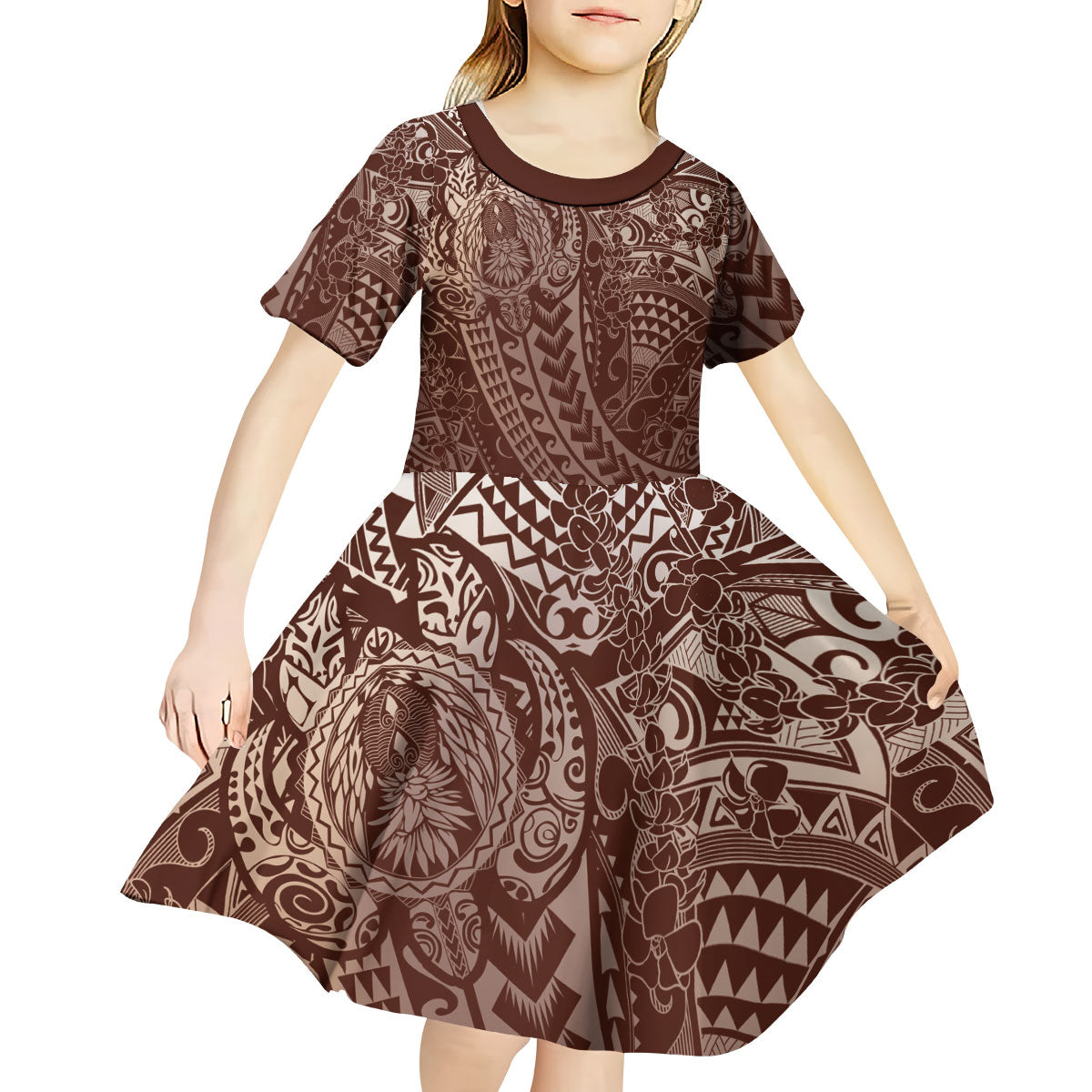 Hawaiian Turtles and Leis Kid Short Sleeve Dress Tribal Kakau Pattern Mocha Mousse Color