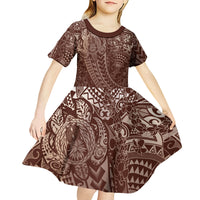 Hawaiian Turtles and Leis Kid Short Sleeve Dress Tribal Kakau Pattern Mocha Mousse Color