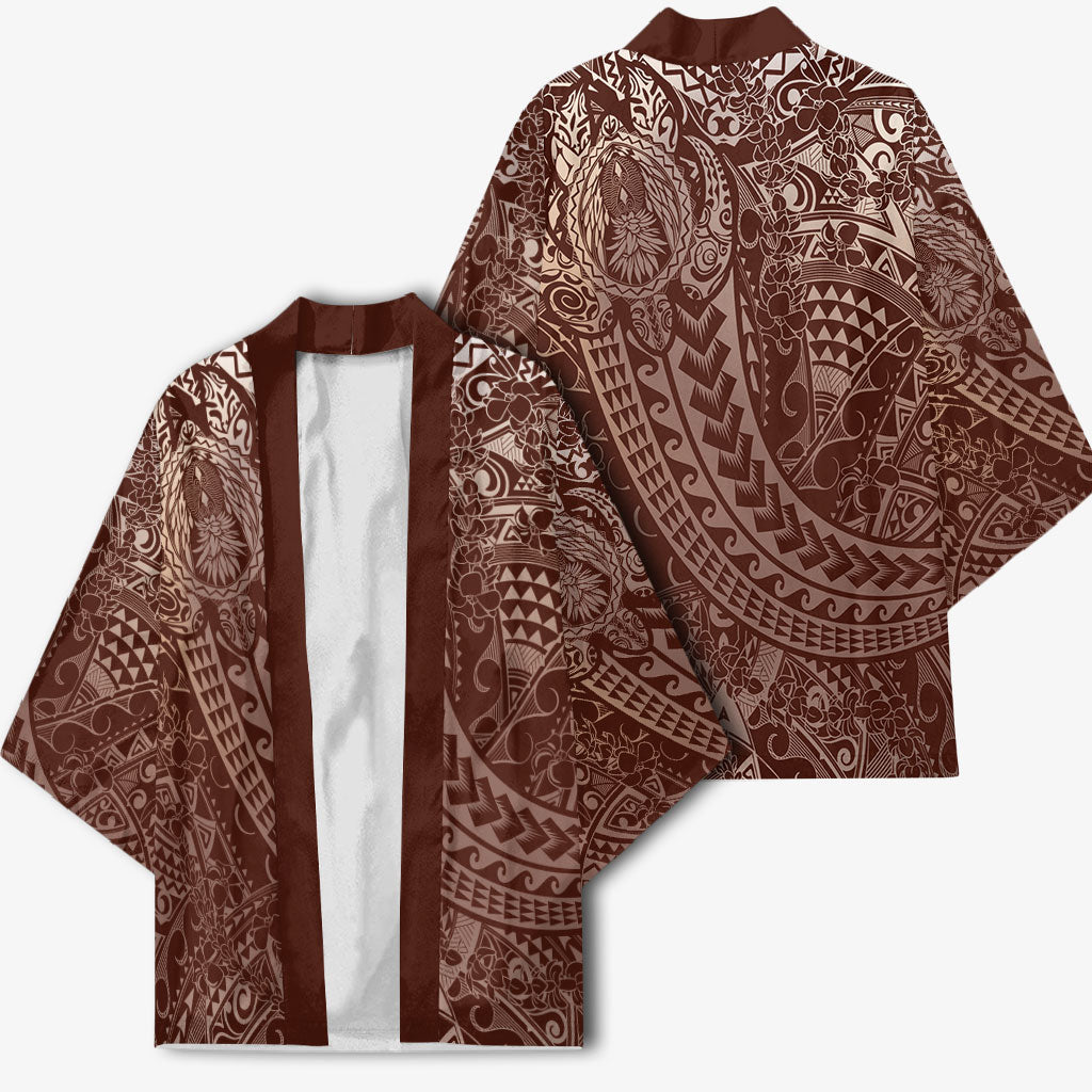 Hawaiian Turtles and Leis Kimono Tribal Kakau Pattern Mocha Mousse Color